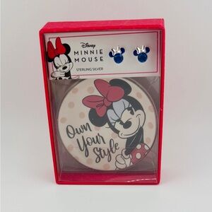 Disney Minnie Mouse .925 Blue Stud Earrings W/Trinket Plate